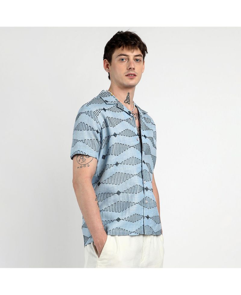Men's Icy Blue Embroidered Geometric-Lined Shirt