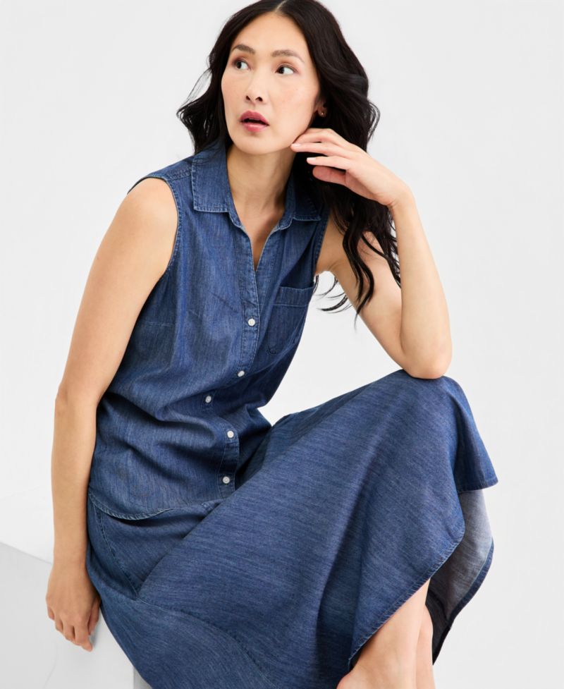 Women's Chambray Sleeveless Button-Front Top