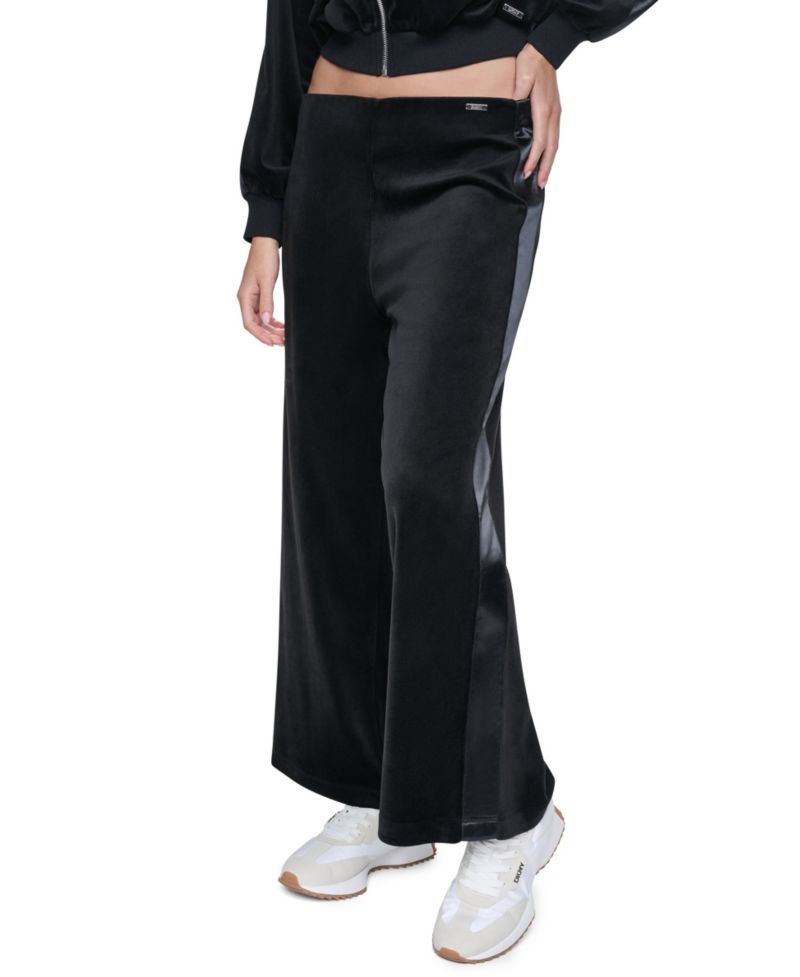 Petite Velour and Satin Trim Pull-On Wide-Leg Pants