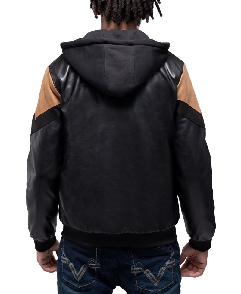 XRAY Men's Shiny PU Hooded Jacket With Faux Suede Detailing And Faux Shearling Lining
