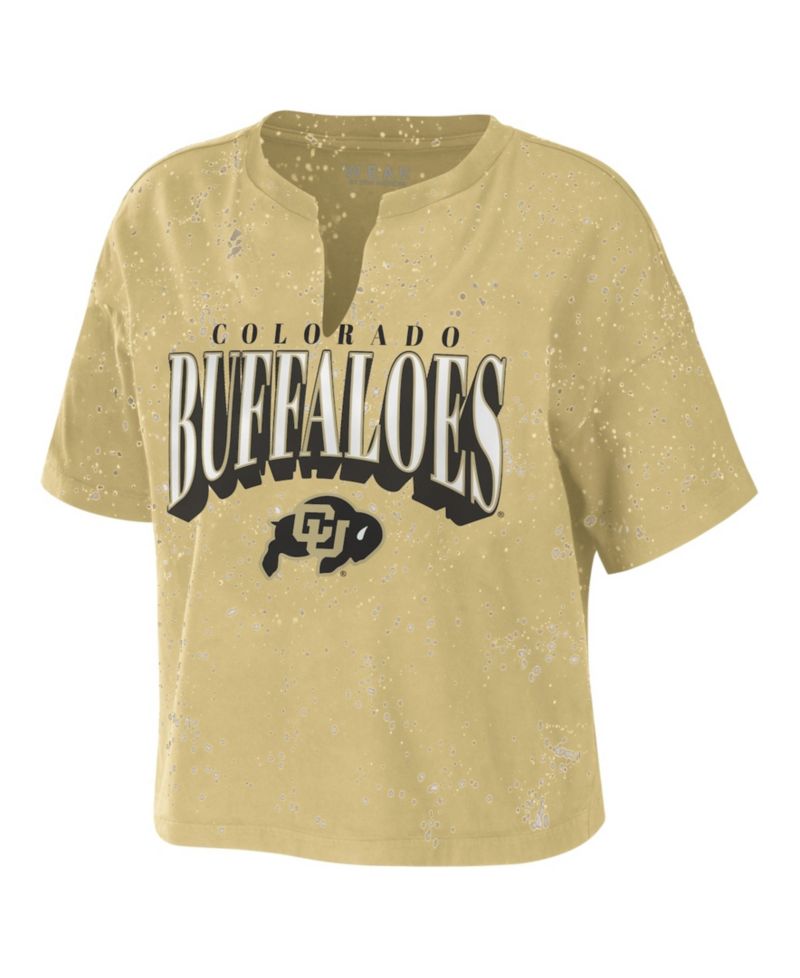 Women's Tan Colorado Buffaloes Bleach Wash Splatter Cropped Notch Neck T-Shirt