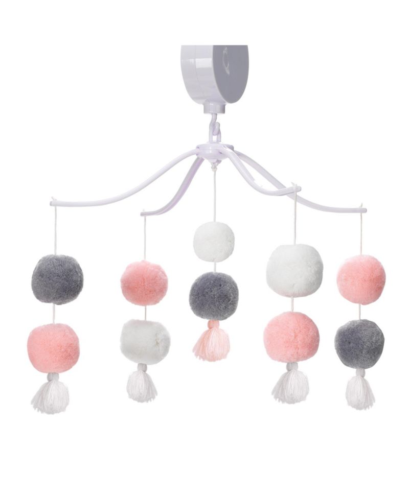 Blossom Pink/Gray Pom Pom Musical Baby Crib Mobile Soother Toy