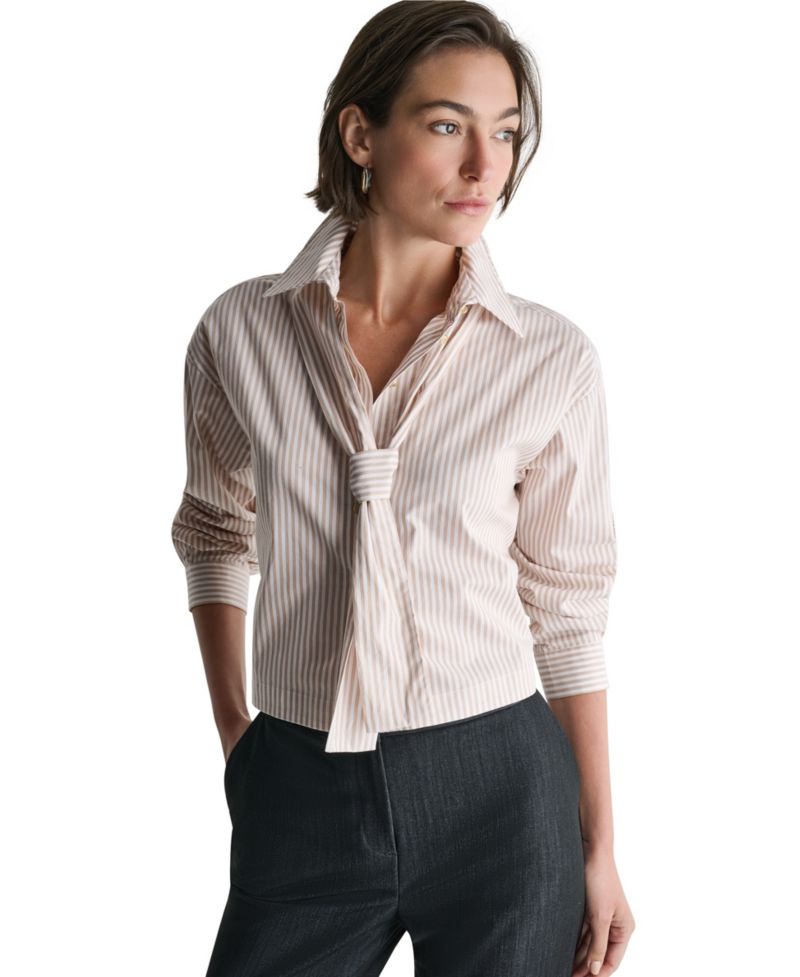 Women's Long-Sleeve Striped Tie Neck Blouse