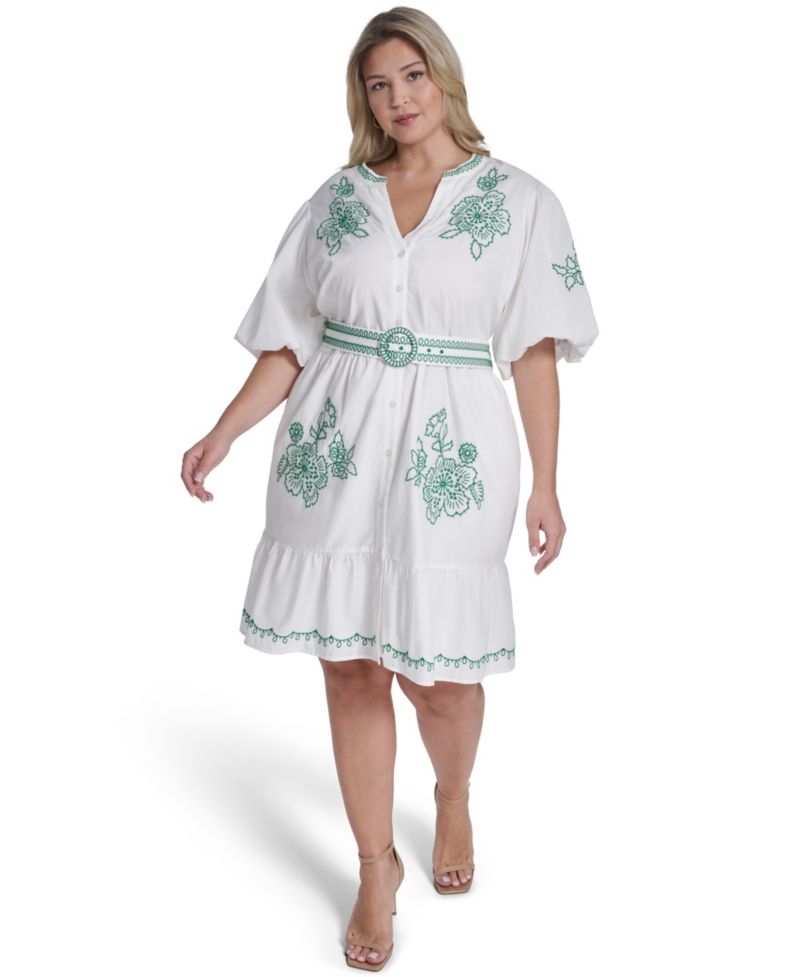 Plus Size Puff-Sleeve Embroidered Dress