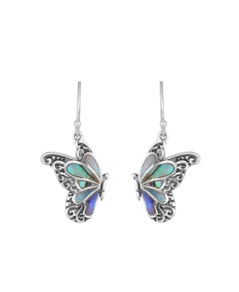Sterling Silver Abalone or Mother of Pearl Oxidized Butterfly Drop Earrings