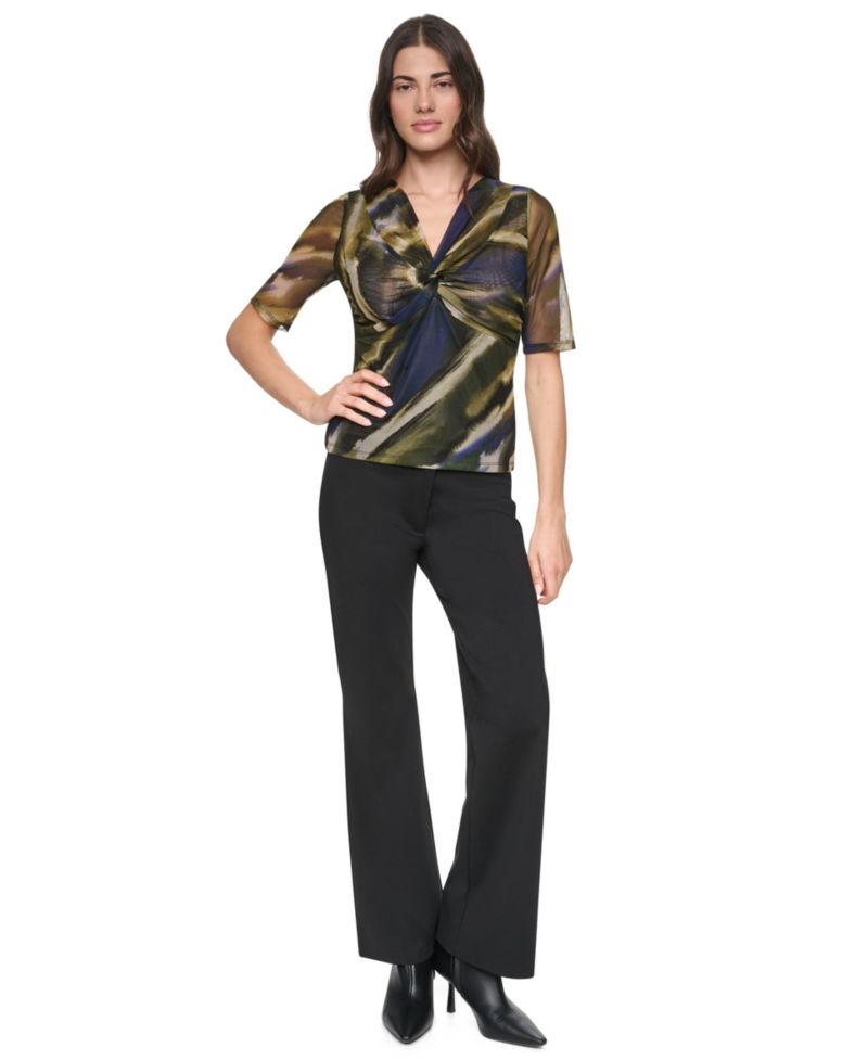 Women's Printed Mesh Twist-Front V-Neck Top