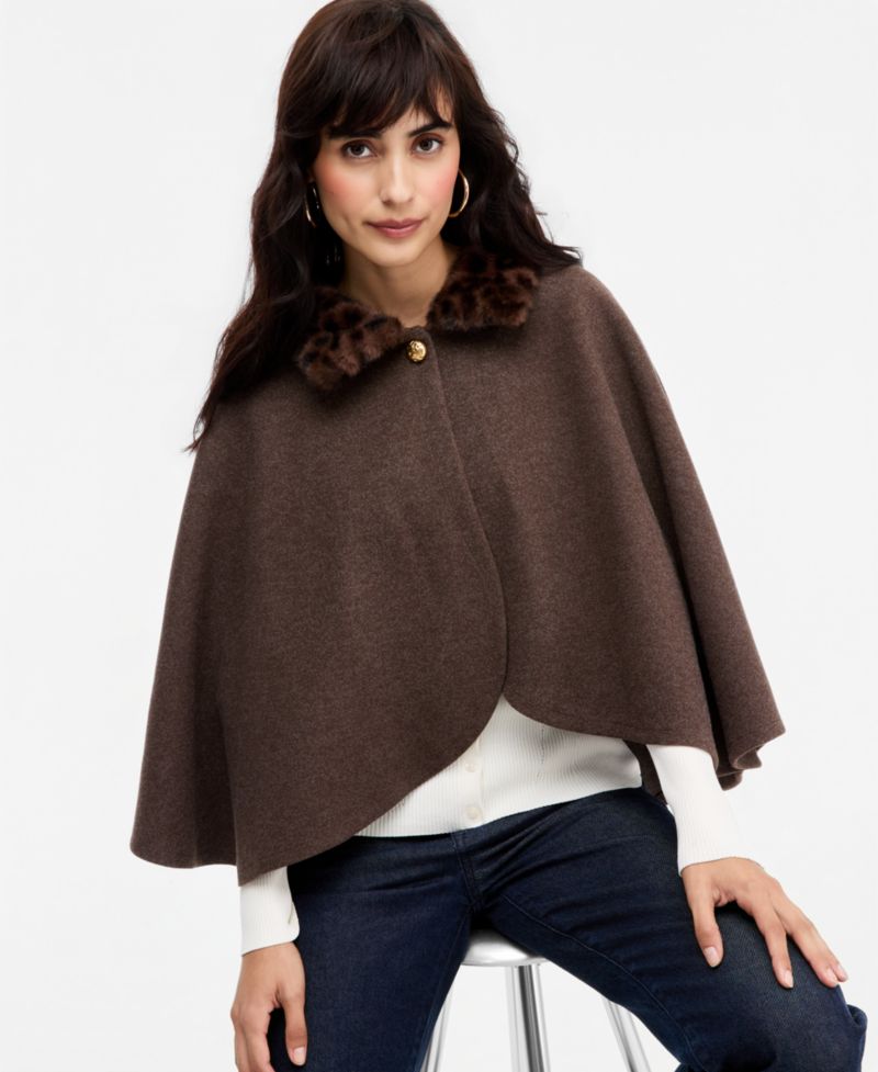 Women's Solid Faux-Fur Animal-Print-Collar Cropped Cape