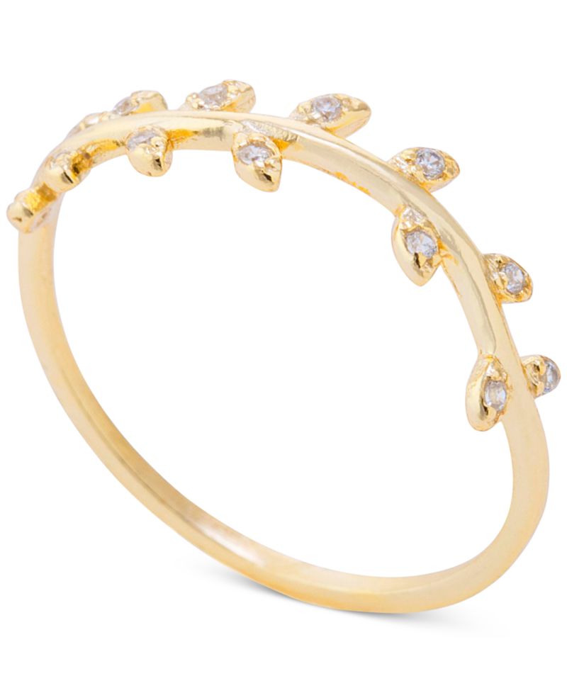 Pav&eacute; Leaf Accent Ring in 14k Gold-Plated Sterling Silver
