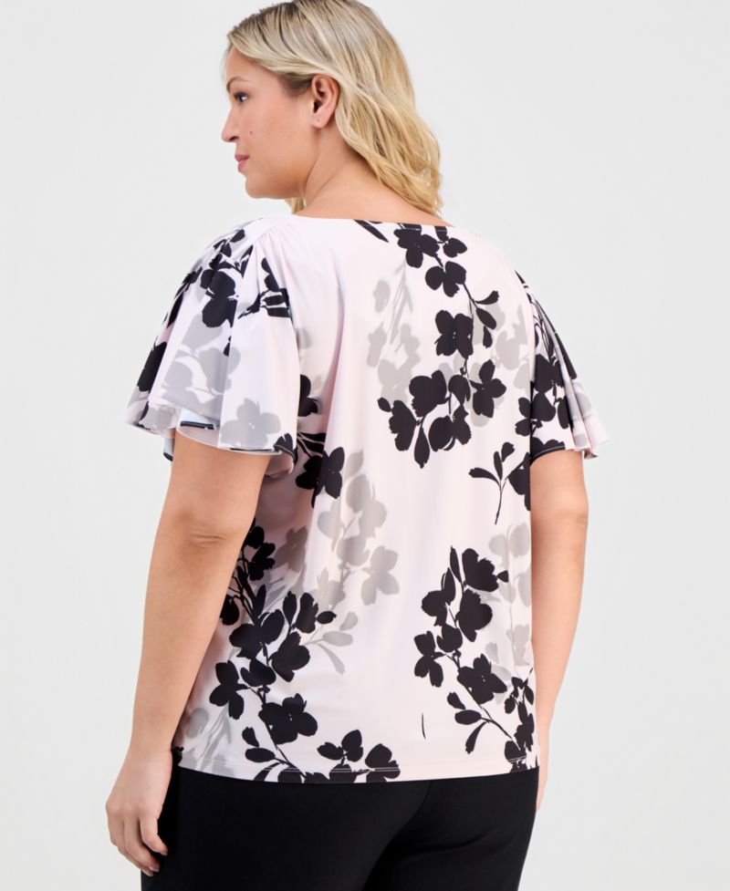 Plus Size Printed Flutter-Sleeve Top