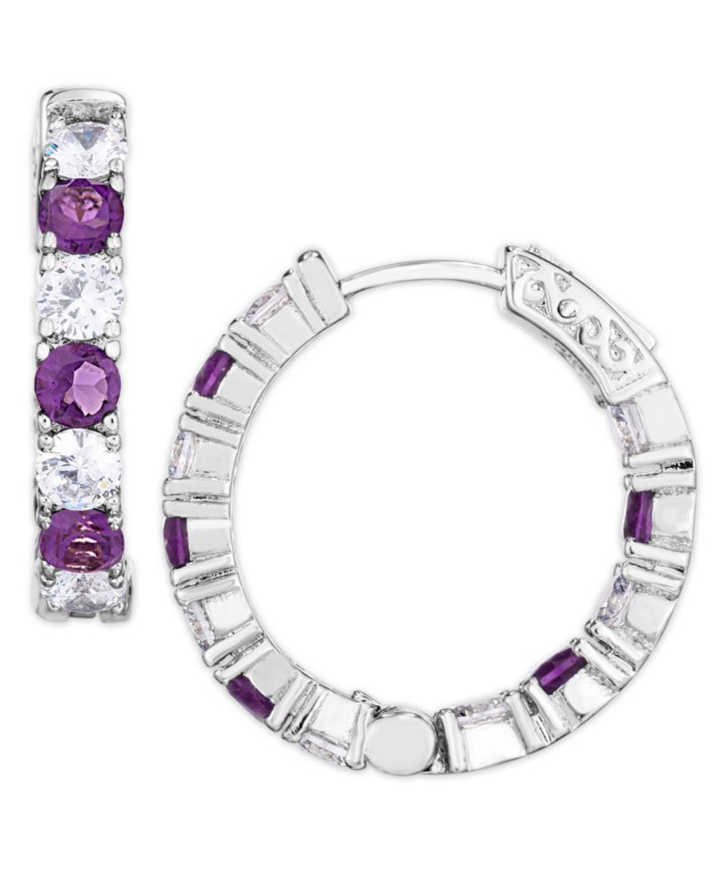 Simulated Cubic Zirconia Alternating Hoop Earrings in Silver Plate