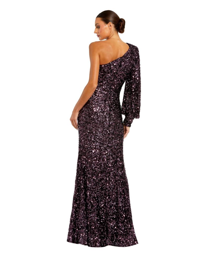 Women's Sequined One Shoulder Bishop Sleeve Trumpet Gown