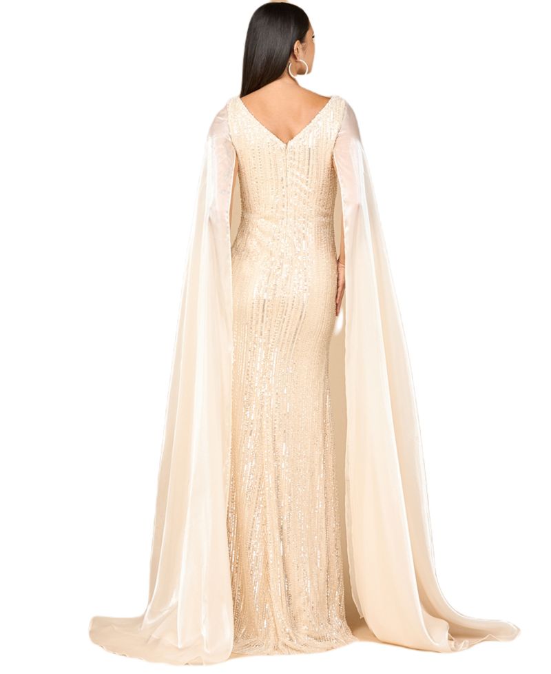 Women's Beaded Gown with Satin Cape Sleeves