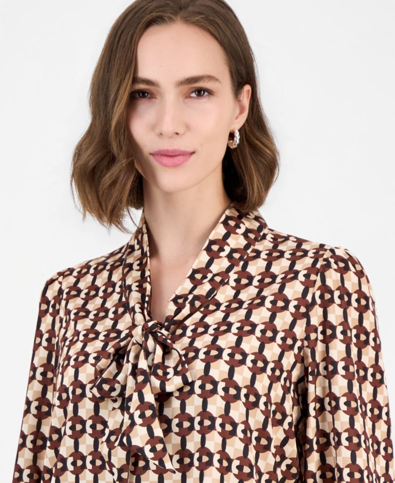 Women's Long-Sleeve V-Neck Bow Tie Geometric-Print Blouse