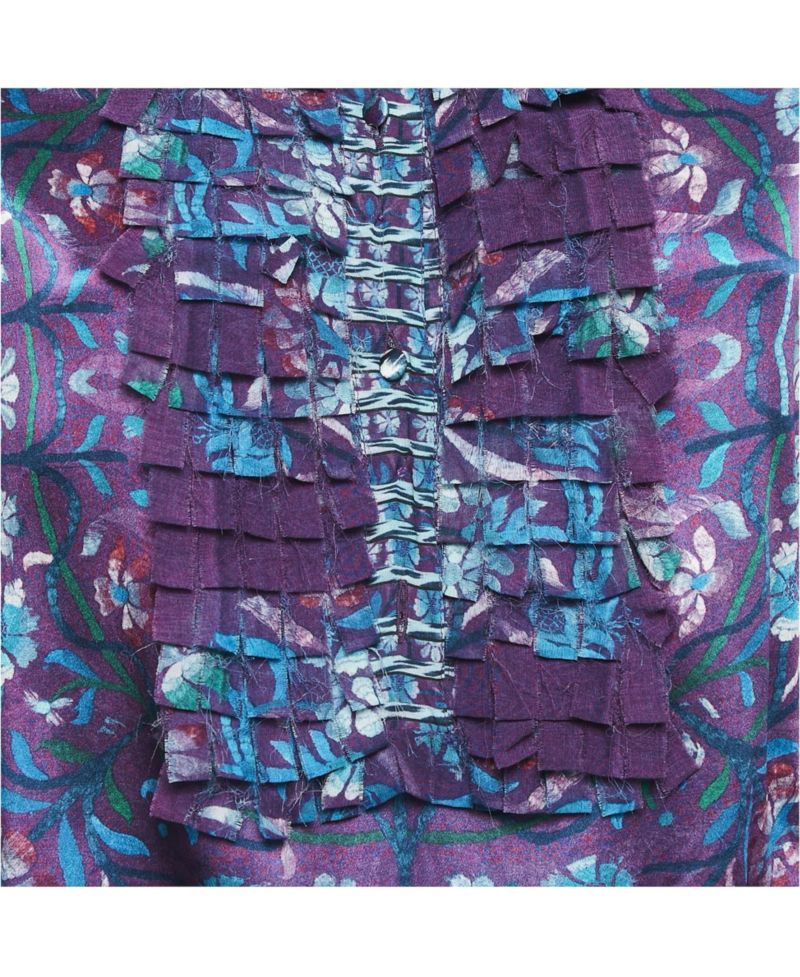 Women's Purple Floral Print Silk Ruffled Top