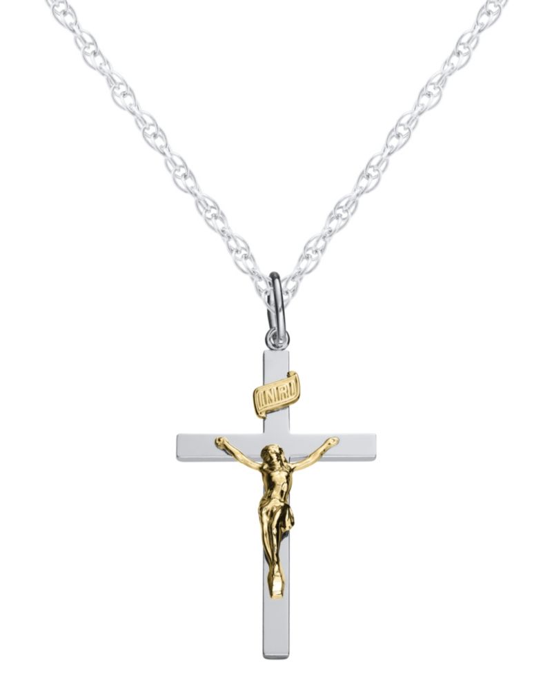 Men's Two-Tone Crucifix Pendant Necklace in Sterling Silver