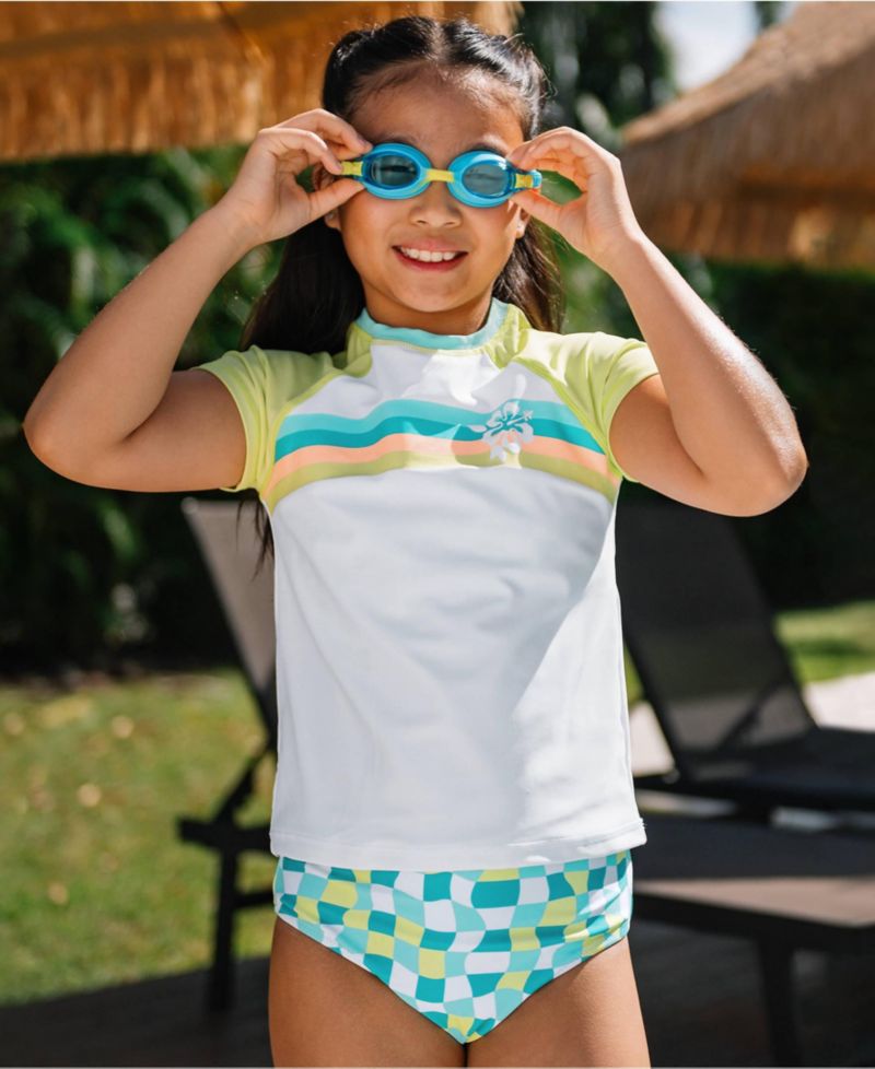 Girls Chlorine Resistant Short Sleeve Rash Guard 3 Piece Swimsuit Set