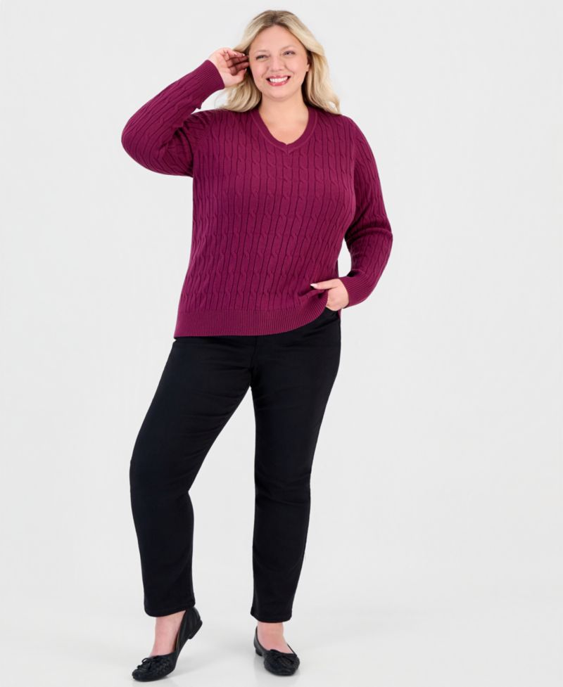 Petite Cotton Cable-Knit V-Neck Sweater