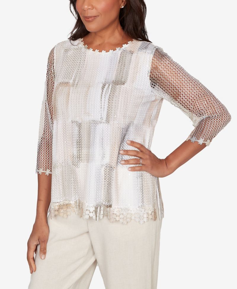 Women's Natural Wonder Neutral Brushstrokes Mesh Top