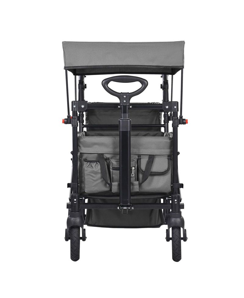 Wagon Stroller for 2 Kids, Collapsible Push Pull Quad Stroller with Adjustable Handle, Harness, Removable Canopy