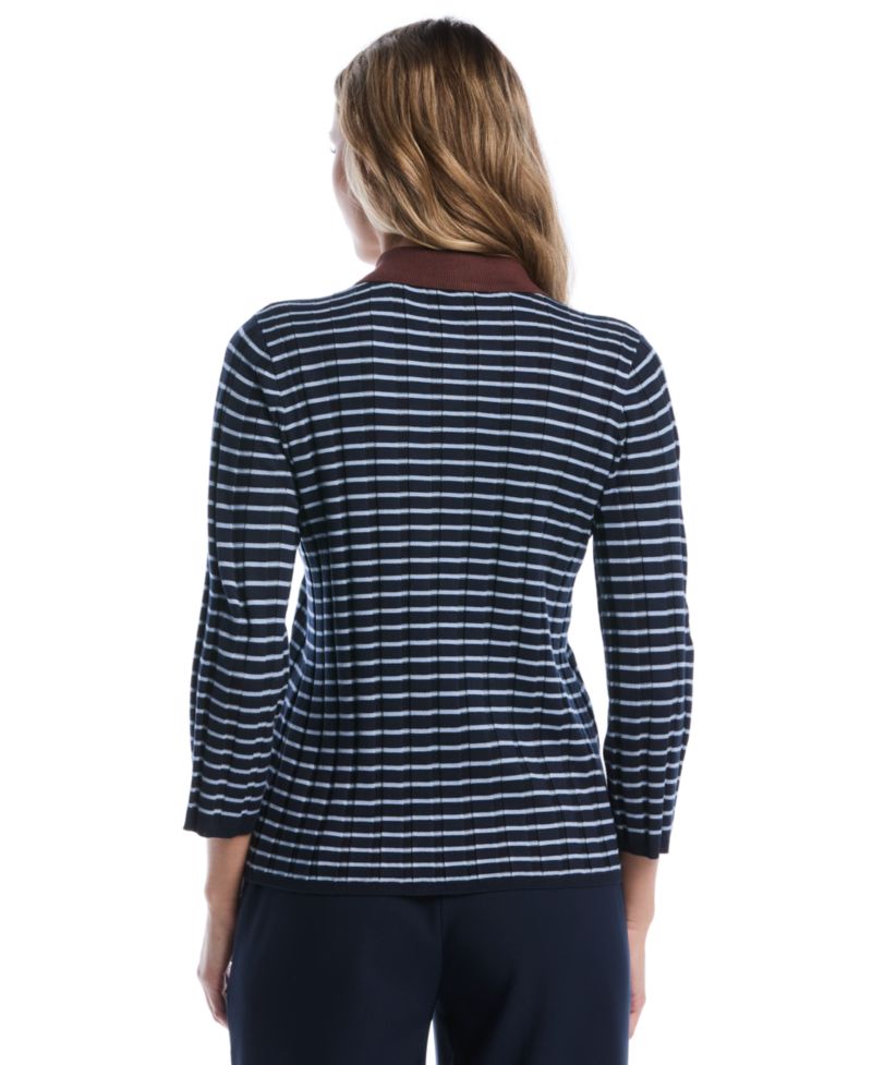 Petite Striped Polo 3/4-Sleeve Sweater