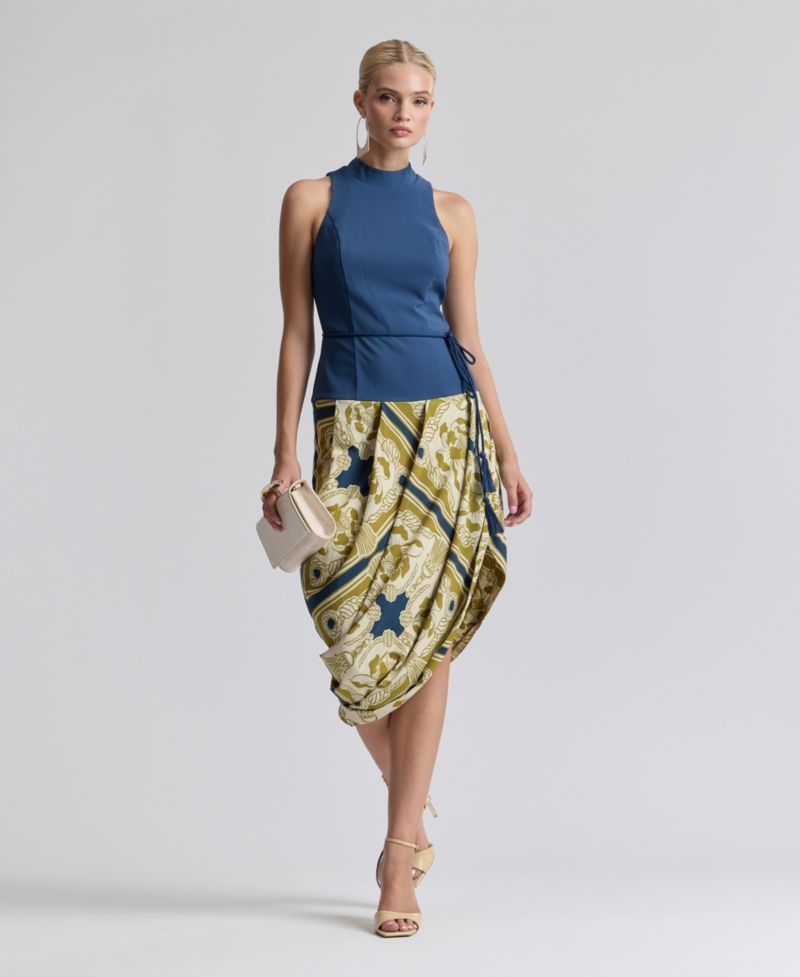 Women's Sleeveless Belted Mock-Neck Asymmetric Drape Midi Dress