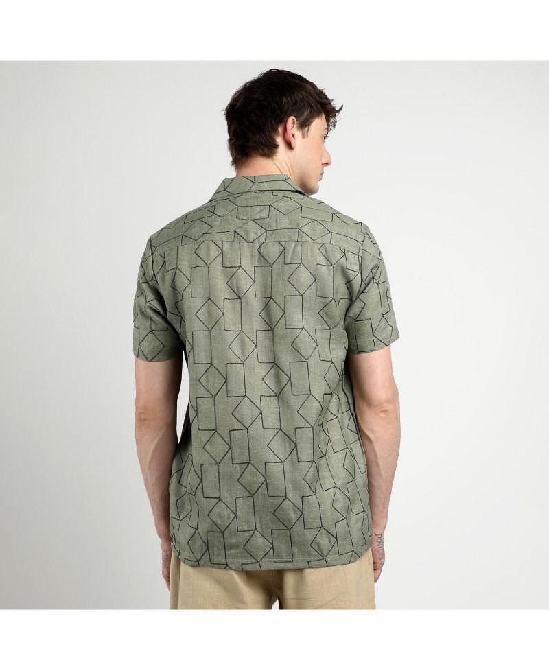 Men's Olive Green Embroidered Geometric-Lined Shirt