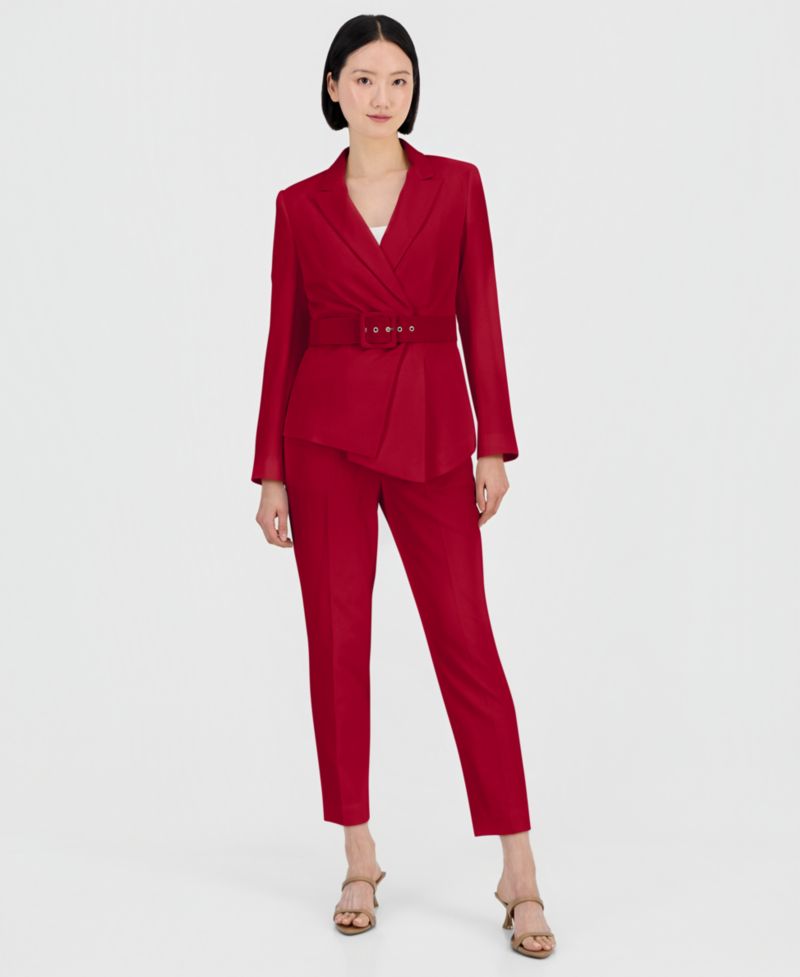 Women's Belted Asymmetrical Jacket & Slim-Fit Pantsuit Set