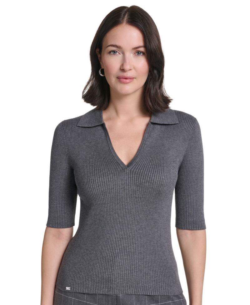 Women's Collared 3/4-Sleeve Ribbed-Knit Top