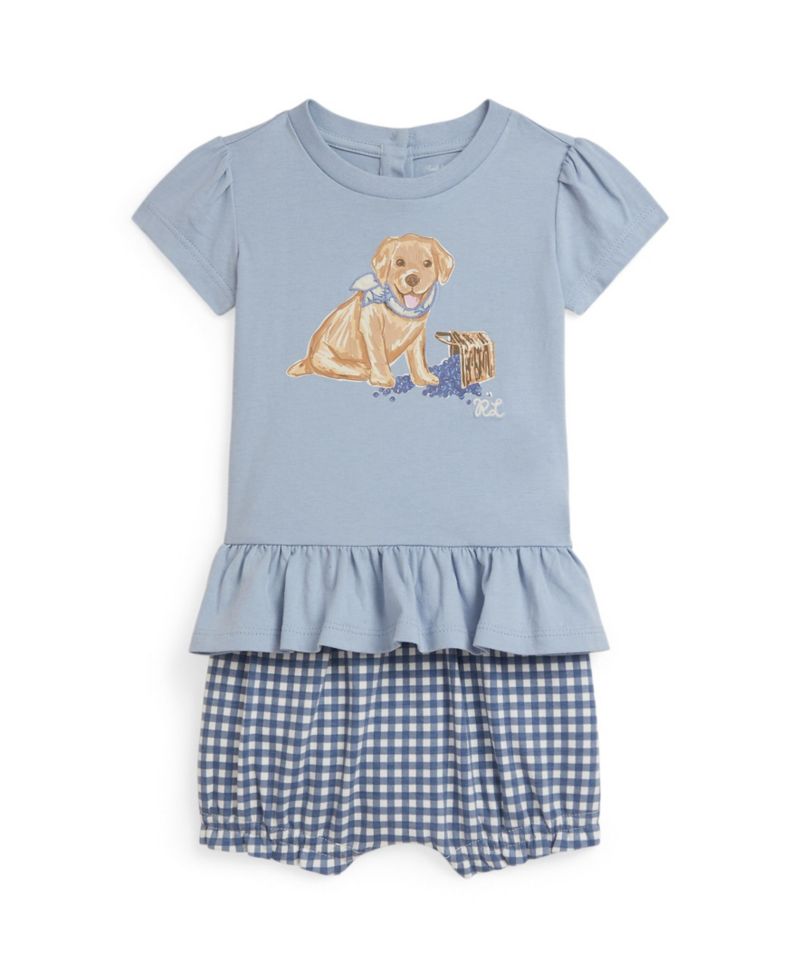 Baby Girls' Dog-Print Crewneck T-Shirt and Gingham Shorts, 2-Piece Set