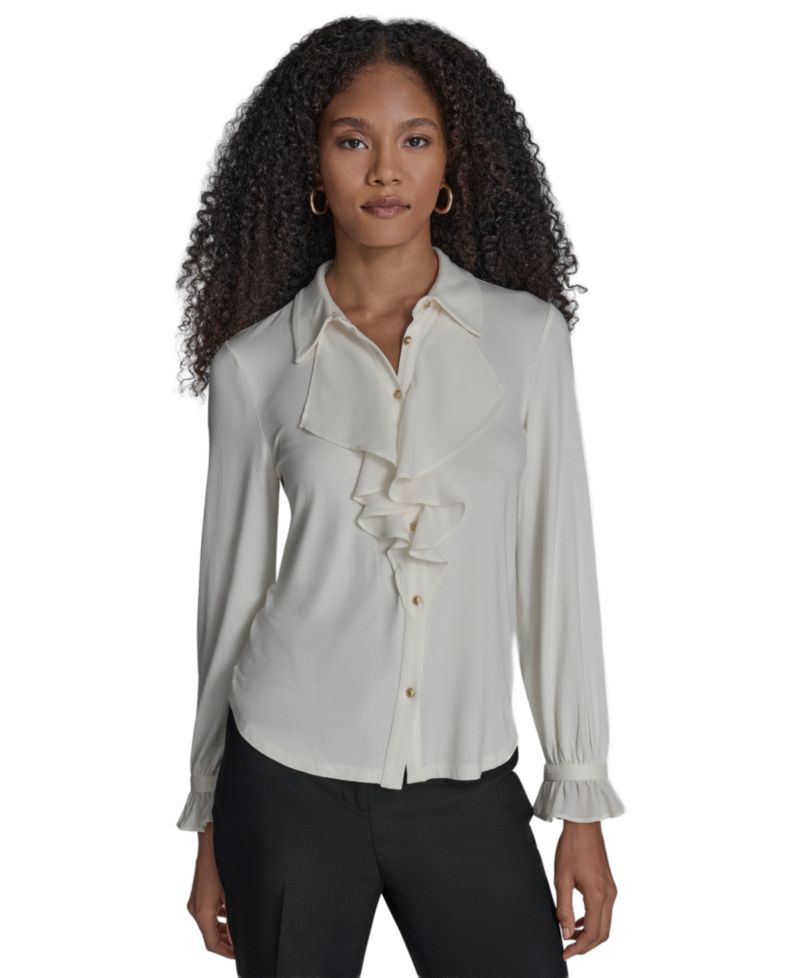 Women's Button Down Ruffle Front Blouse