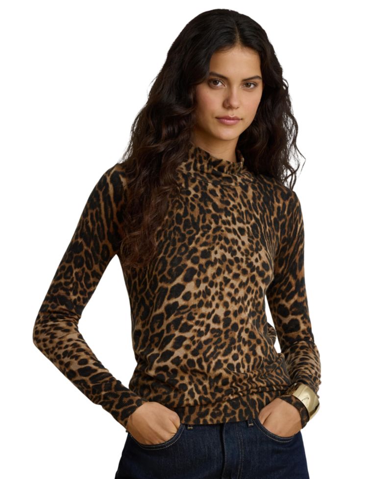 Women's Ocelot-Print Mock Neck Long-Sleeve Sweater