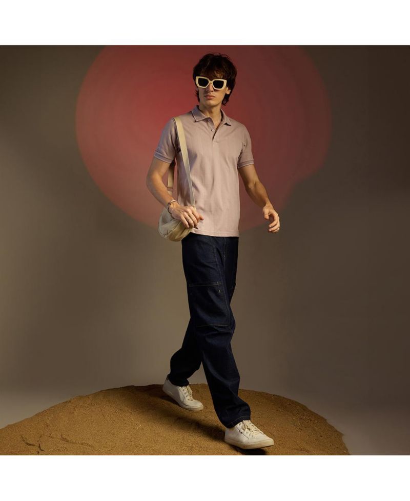 Men's Blush Pink Lined-Knit Polo T-Shirt