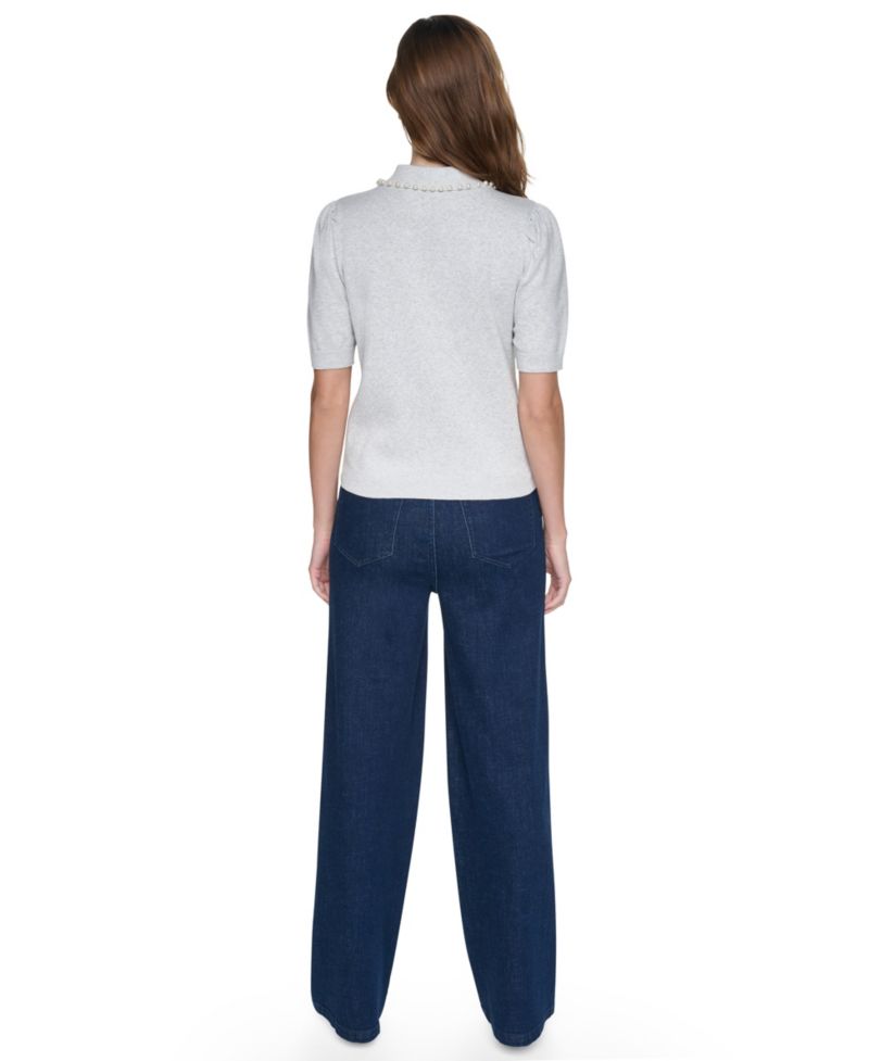 Petite Embellished Short-Puff-Sleeve Polo Sweater