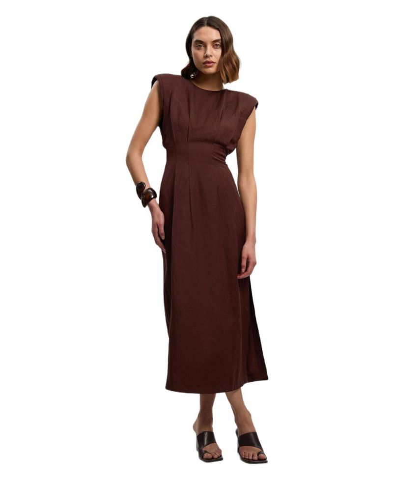 Women's Linen Blend Pintuck Midi Dress