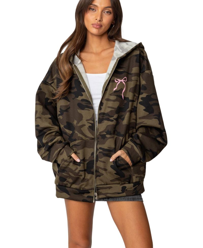 Womens Camo Oversized Bow Detail Hoodie