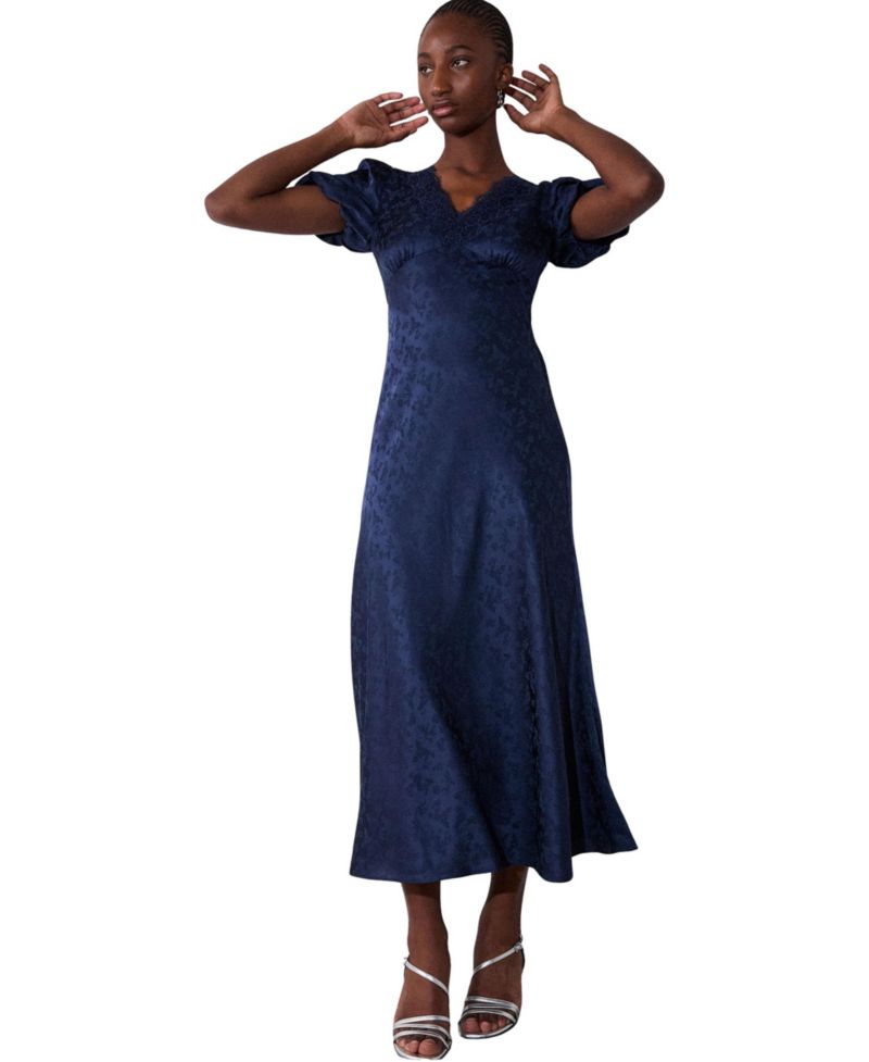Women's Floral-Print Jacquard V-Neck Puff-Sleeve Midi Dress