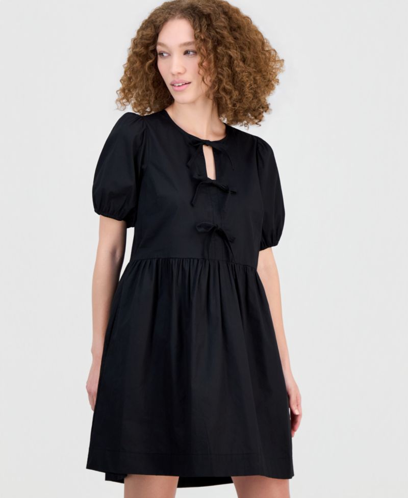 Women's Cotton Bow-Trim A-Line Mini Dress