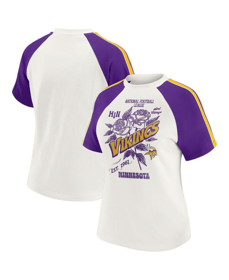 Women's White Minnesota Vikings Sleeve Stripe Distressed Raglan T-Shirt