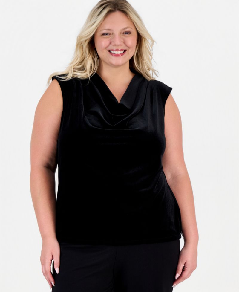Plus Size Pleated Extended-Shoulder Velvet Blouse
