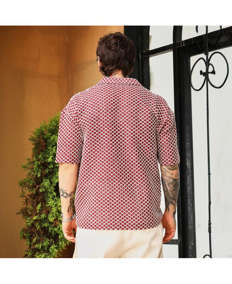 Men's Crimson Red Geometric-Crochet Cuban Oversized Shirt