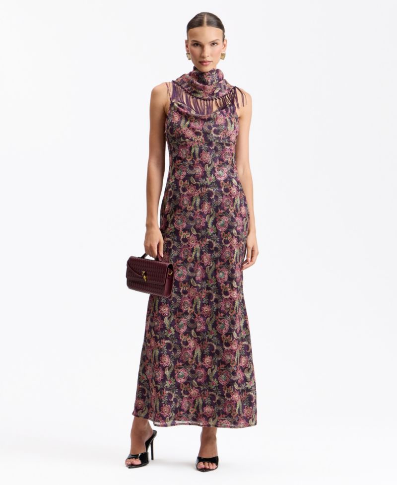 Women's Floral Cowl Neck Fringe Cape Scarf Maxi Dress