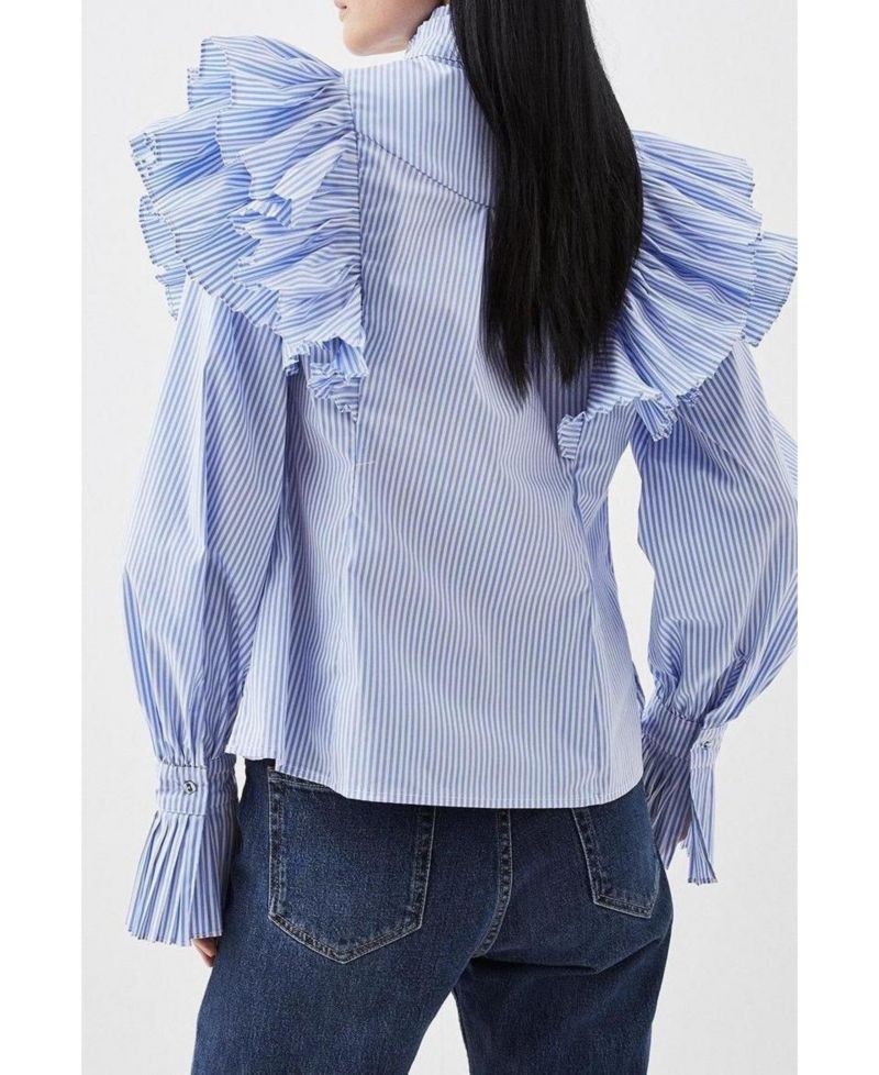 Women's Pleated Striped Ruffle Woven Shirt