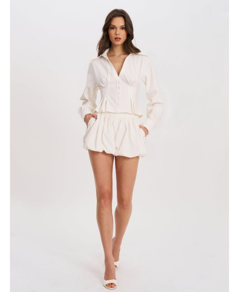 Women Sylvia White Pinstripe Deep V Pleated Shirt