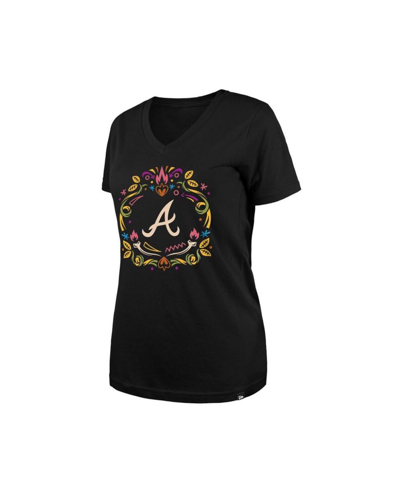 Women's Black Atlanta Braves Día De Los Muertos V-Neck T-Shirt