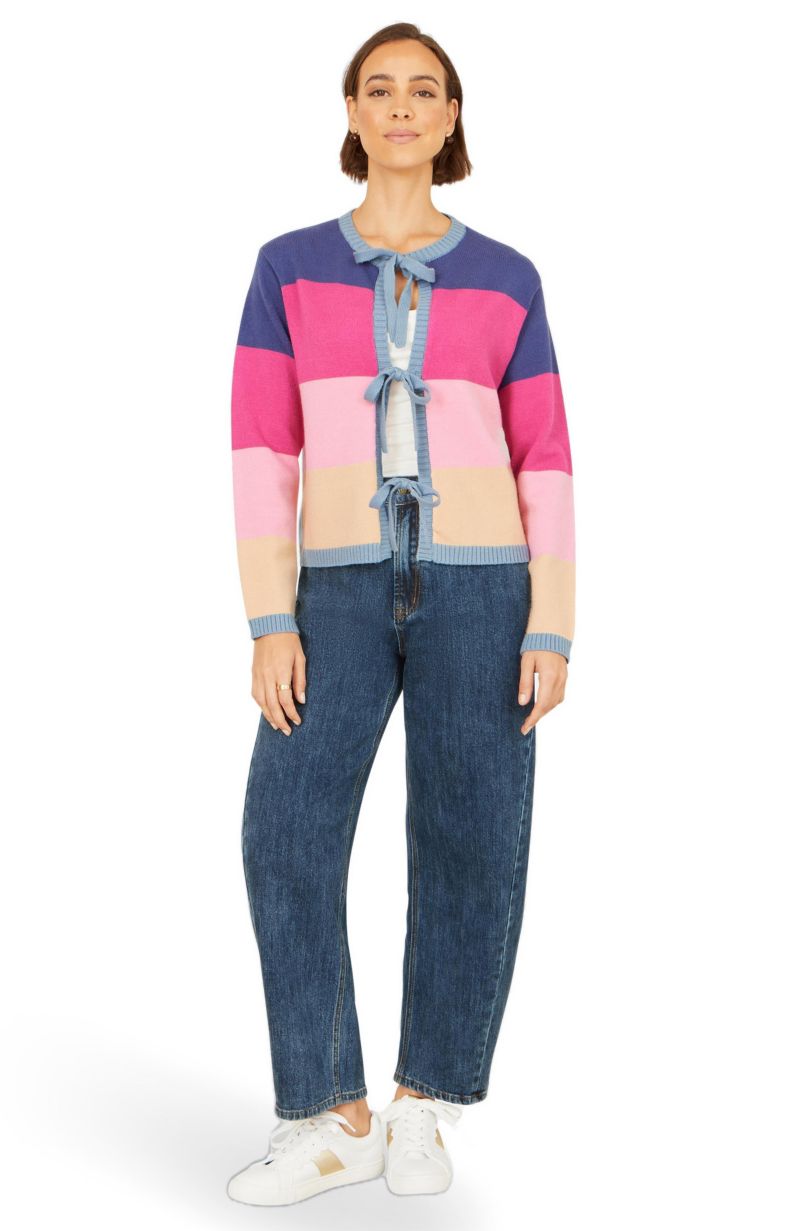 Women's Block Stripe Tie Front Cardigan