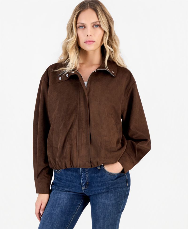 Petite Faux Suede Funnel-Neck Bomber Jacket
