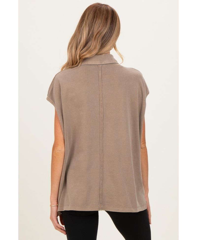 Women's Mocha Pigment Dye Sleeveless Polo Oversized Top