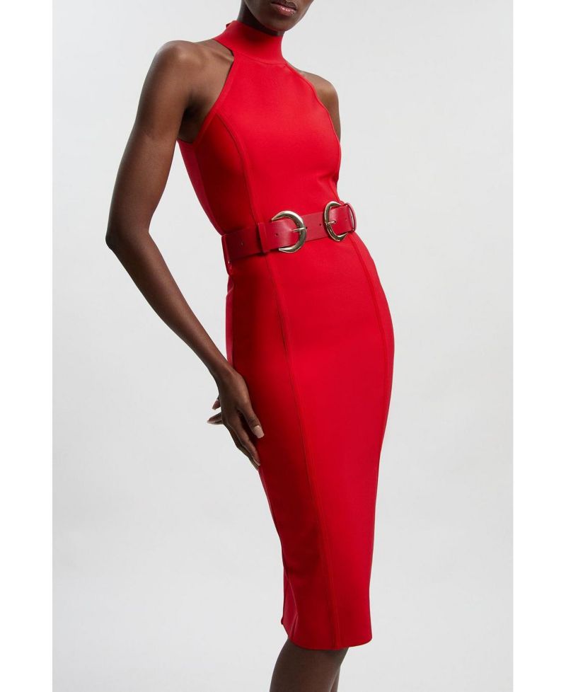 Women's Bandage High Neck Buckle Trim Midi Dress