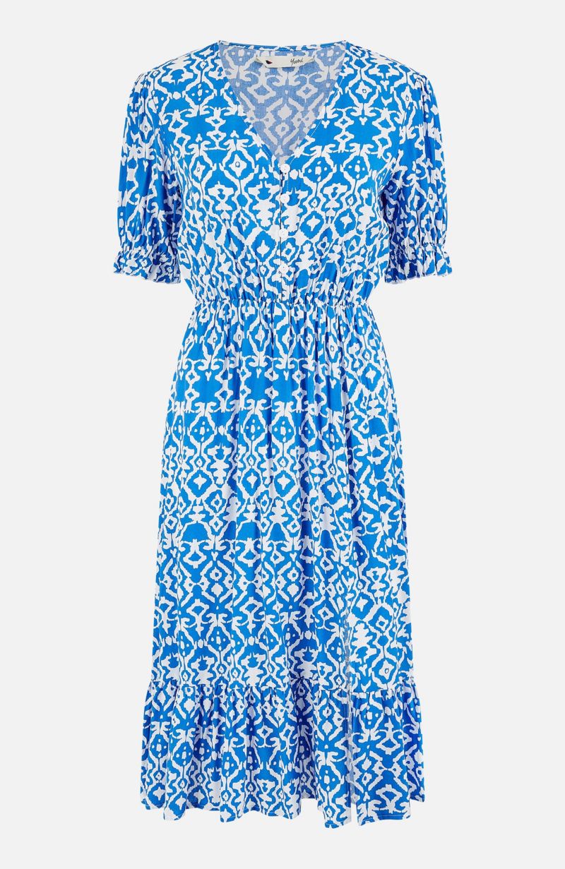 Women's Geometric Print Puff Sleeve Midi Dress