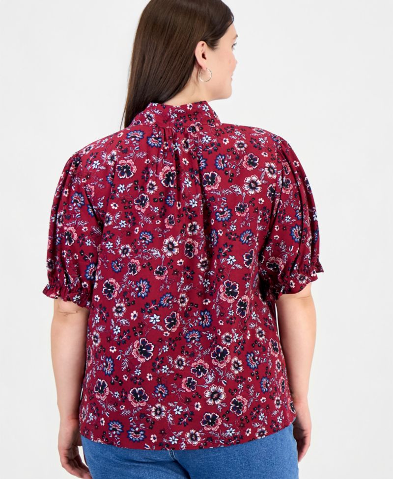 Plus Size Tie Neck Printed Puff Short-Sleeve Top